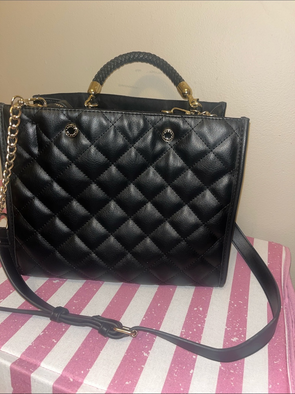 Steve Madden Black Quilted Top-Handle Women’s Bag with Gold Hardware